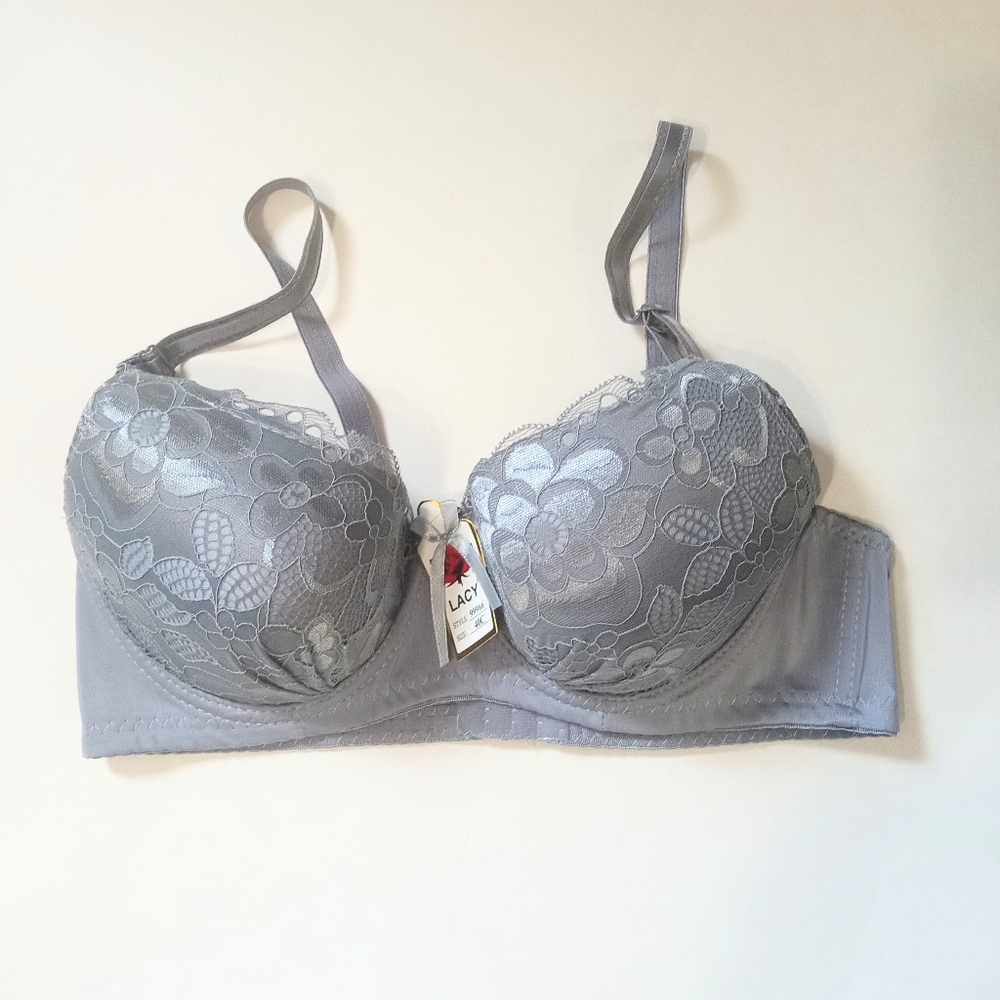 Lace Push-up Women's Bra Full Coverage NWT Grey Adjustable Straps
